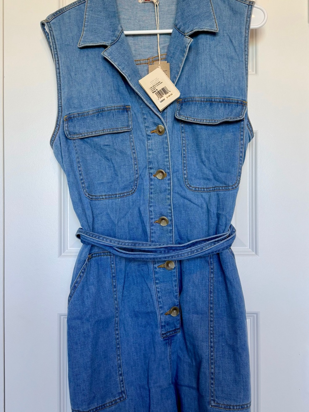 Sleeveless Light Blue Denim Jumpsuit with Self-Tie Belt